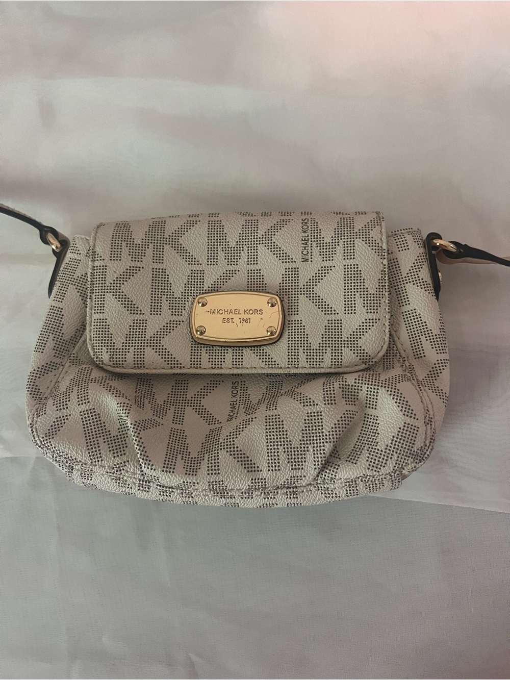 Michael Kors Cream Logo Crossbody with Gold Plaque